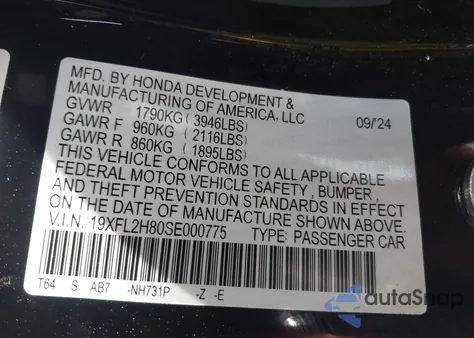 2025 Honda Civic Sport z USA, uszkodzony, nr VIN 19XFL2H80SE000775